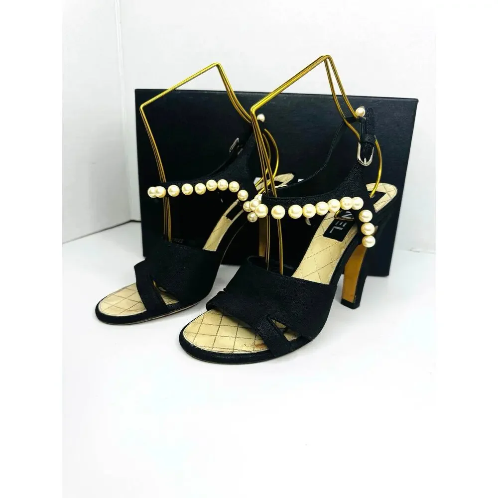 Chanel Black Grosgrain Faux Pearl Slide Sandals CC Logo EU 37.5
